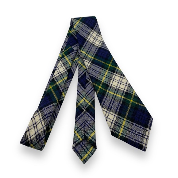 100% Wool Blue/Green/Cream/Yellow Tartan Print Slim Tie Made in Scotland - Picture 3 of 3